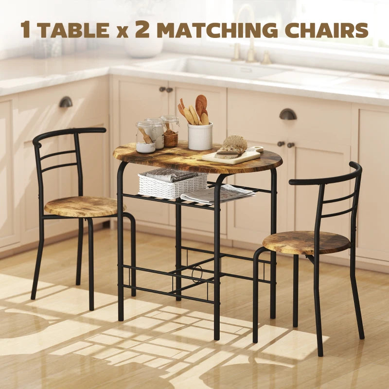 Dining Table Set of 3, Kitchen Table and Chairs Set for 2 with Shelf, Living Room Rustic Brown