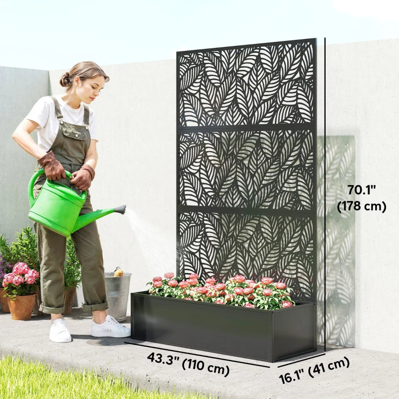 Metal Planter Box with Trellis, 70" Raised Garden Bed with Trellis Privacy Screen for Climbing Plants, Leaves Cut-Out