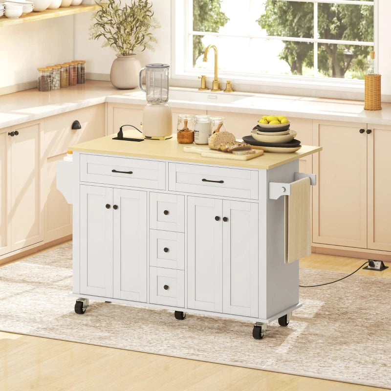 Kitchen Island Cart with Power Outlet & Drop Leaf, 55" Rolling Kitchen Island on Wheels with Storage, White