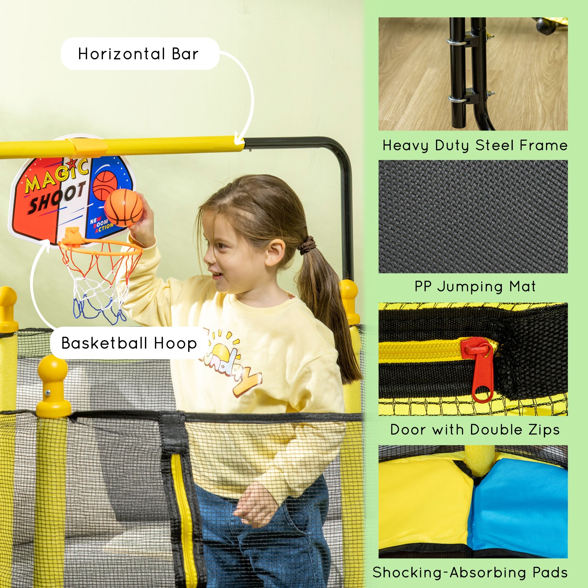 Qaba 4.6ft Kids Trampoline with Basketball Hoop, Horizontal Bar with Net for Children Ages 3-10, Yellow 
