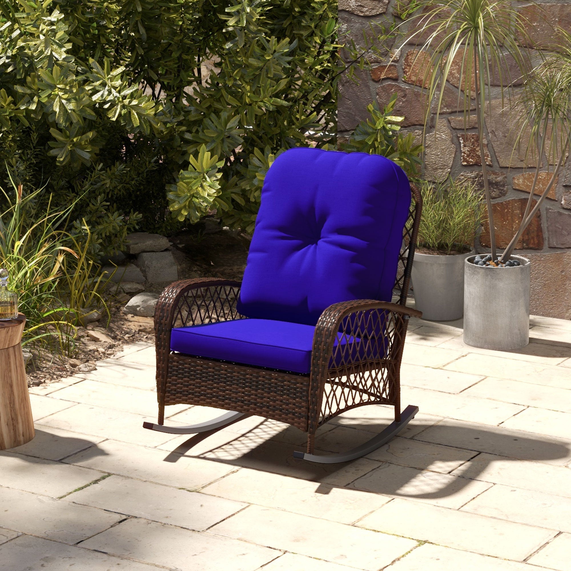 Outsunny Outdoor Wicker Rattan Rocking Chair Patio Rocker with Thick Cushions for Garden Backyard Porch, Dark Blue 