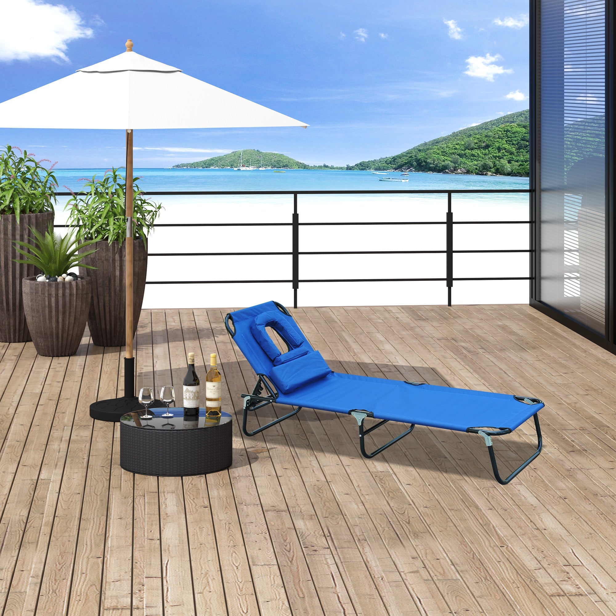 Outsunny Sun Lounger with Reading Hole Adjustable Garden Outdoor Reclining Chair Folding Camping Beach Bed Blue 