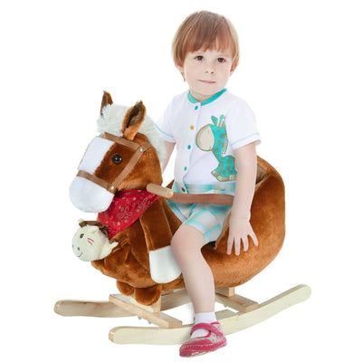 Qaba Kids Ride On Rocking Horse with Cradlesong Handle Grip Hand Puppet Traditional Toy Gift for Children 18-36 Months Brown 