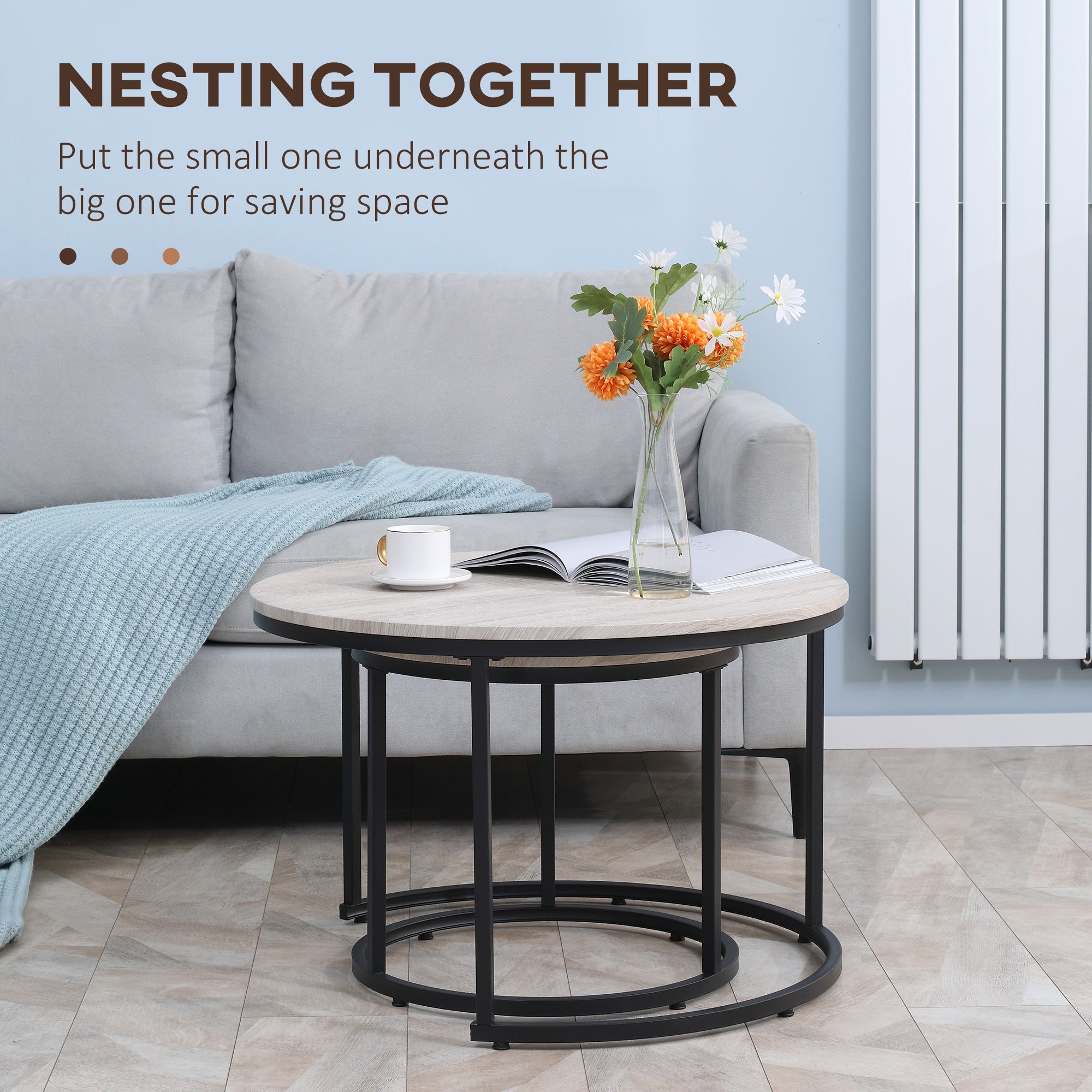 HOMCOM Nesting Round Coffee Table Pair Set of 2 Stackable Sofa Side Table Metal Frame Simple Design Grey Wood Grain 