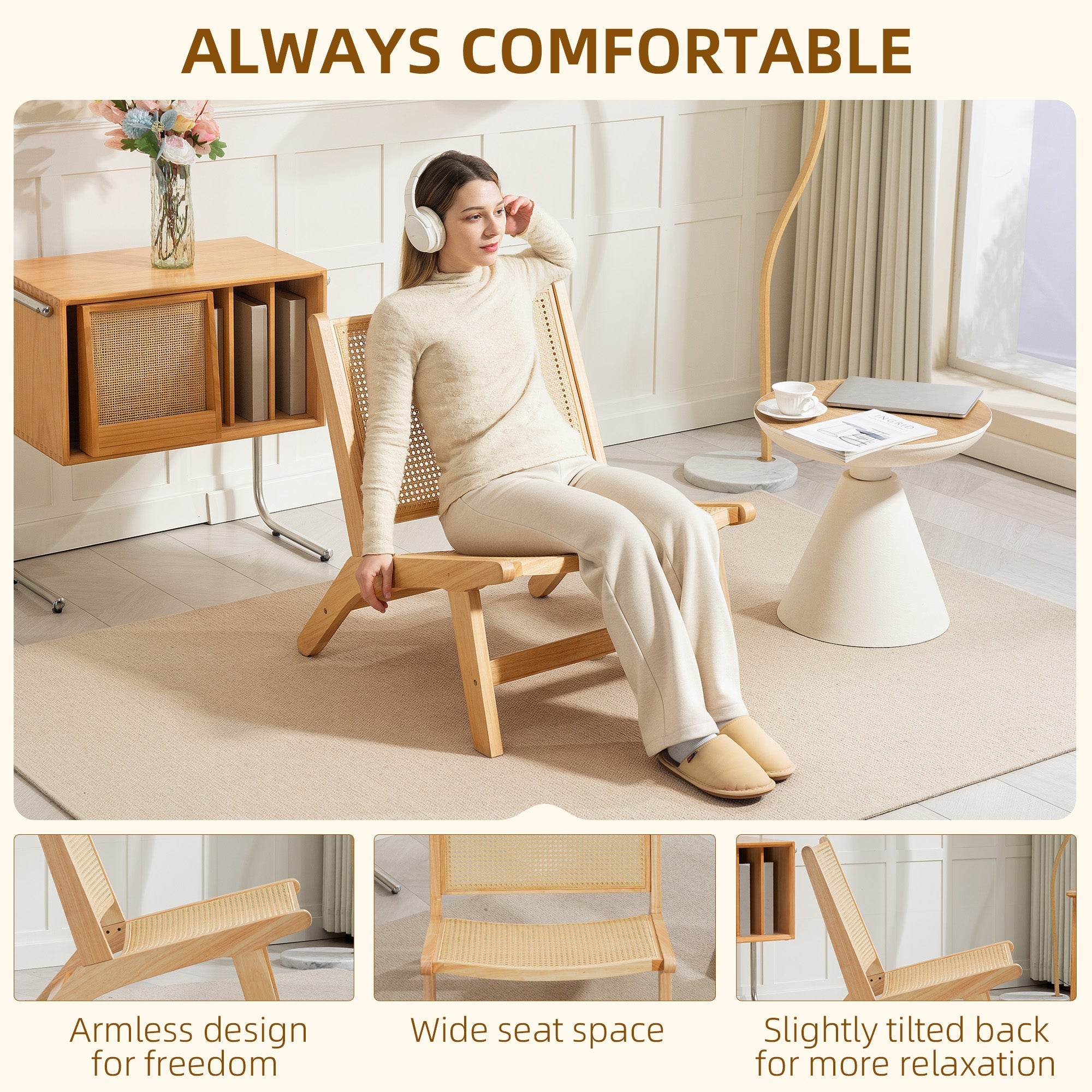 HOMCOM Rattan Accent Chair, Mid-Century Leisure Chair with Rubber Wood Frame, for Bedroom Living Room, Natural 