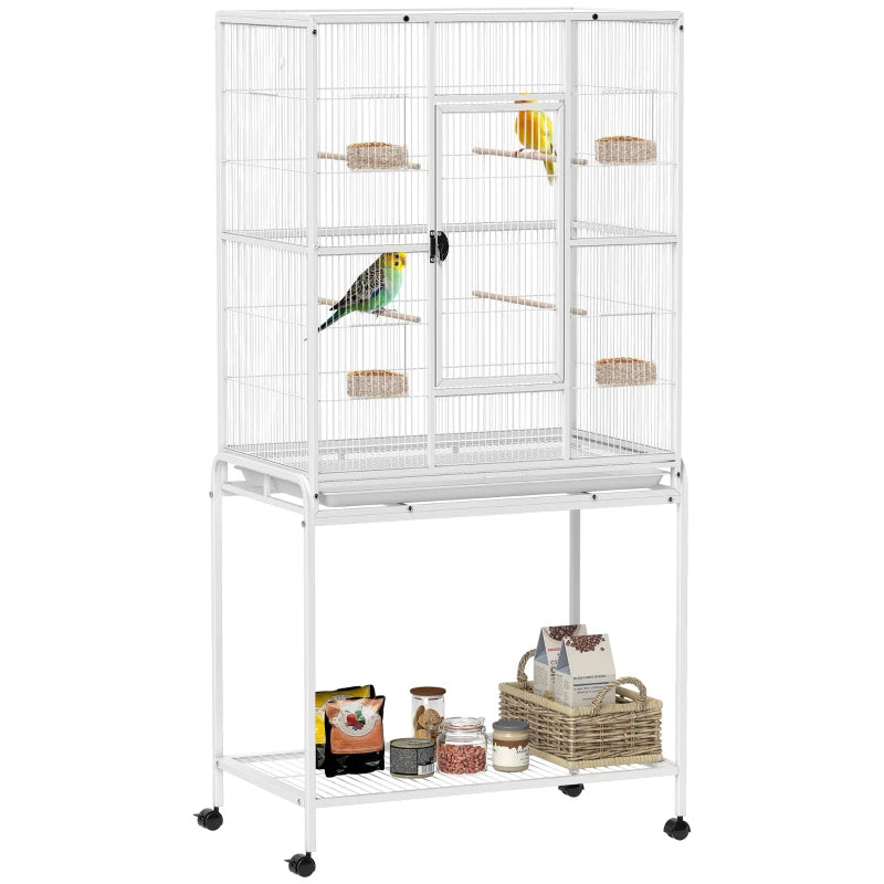 64" Large Rolling Bird Cage Bird House with Detachable Rolling Stand, Storage Shelf, Wood Perch Food Container, White