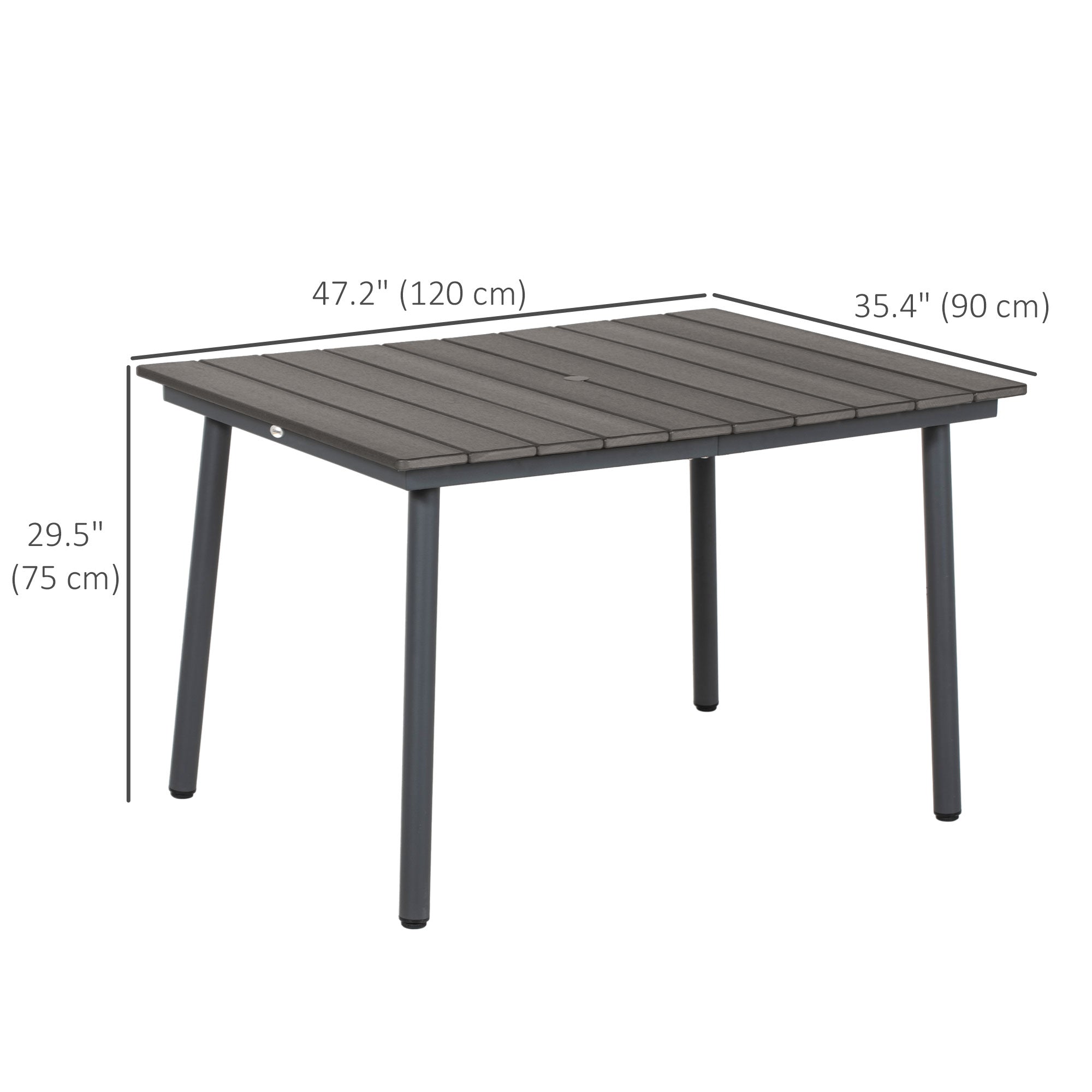 Outsunny 47" Aluminium Outdoor Dining Table with Umbrella Hole & HDPE Slatted Top in Dark Grey for Backyard 