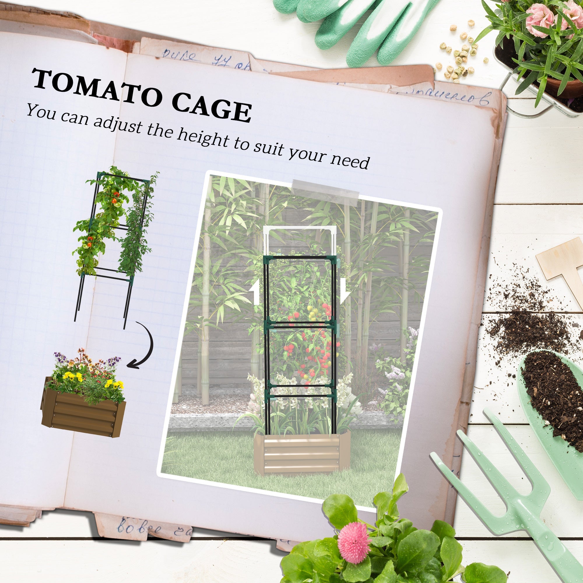 Outsunny Durable Galvanized Planter Box with 3-Tier Trellis for Climbing Plants Outdoor Raised Garden Bed Brown 