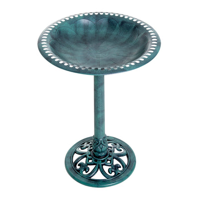 Outsunny 27'' Bird Bath with Fleur De Lis Design, Outdoor Resin Decor, Time-Worn Finish - Enhance Your Garden's Charm 