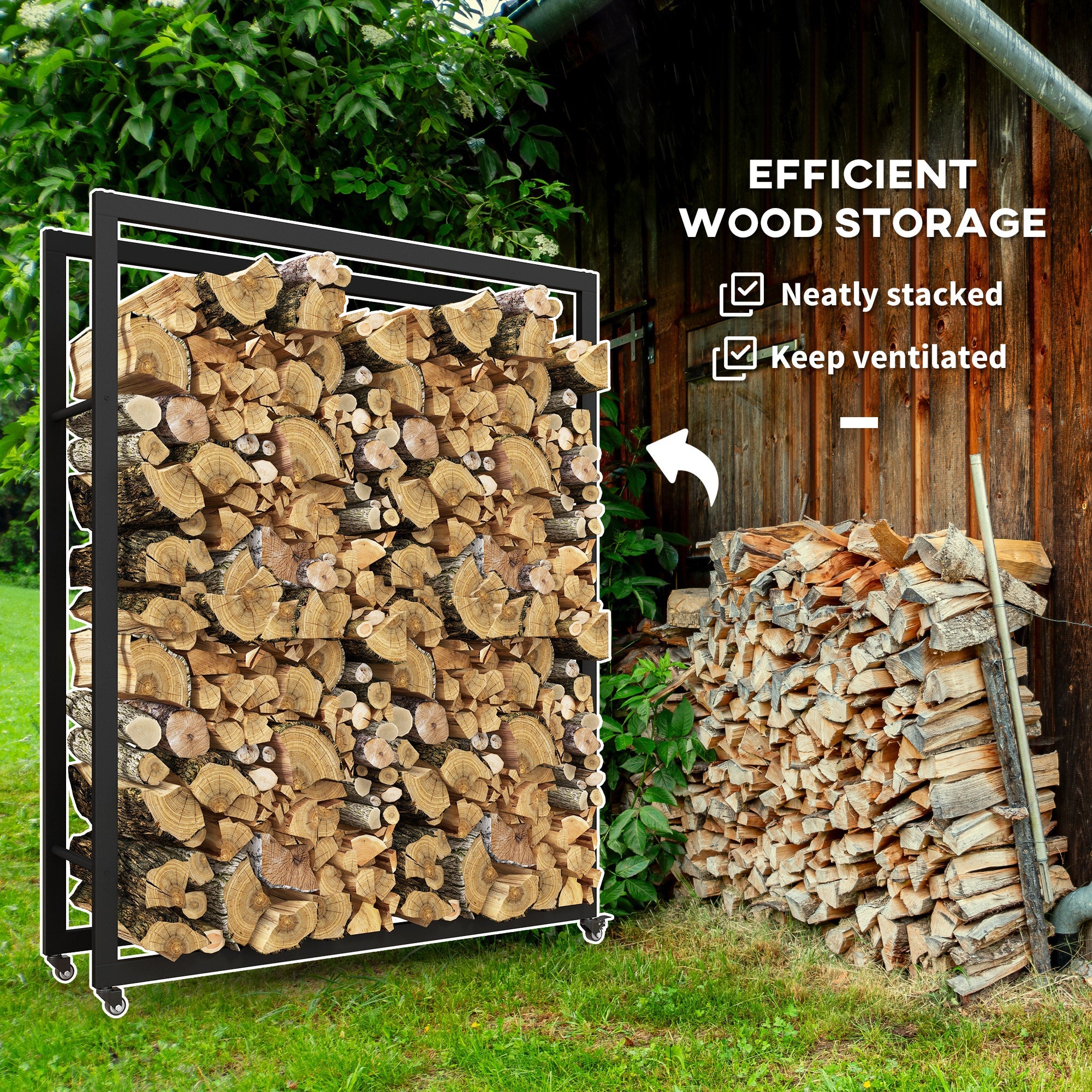 Outsunny Outdoor Firewood Rack with Wheels Heavy Duty Steel Wood Log Storage Stacker for Fireplace, Black 