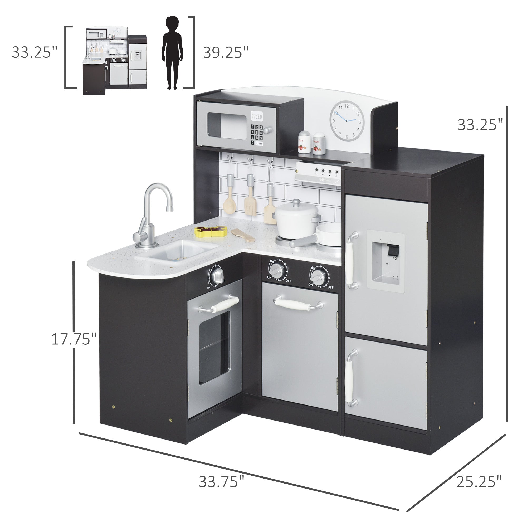 Qaba Play Kitchen Set for Kids - Black Cooking Toy with Drinking Fountain, Microwave, Fridge & Accessories 