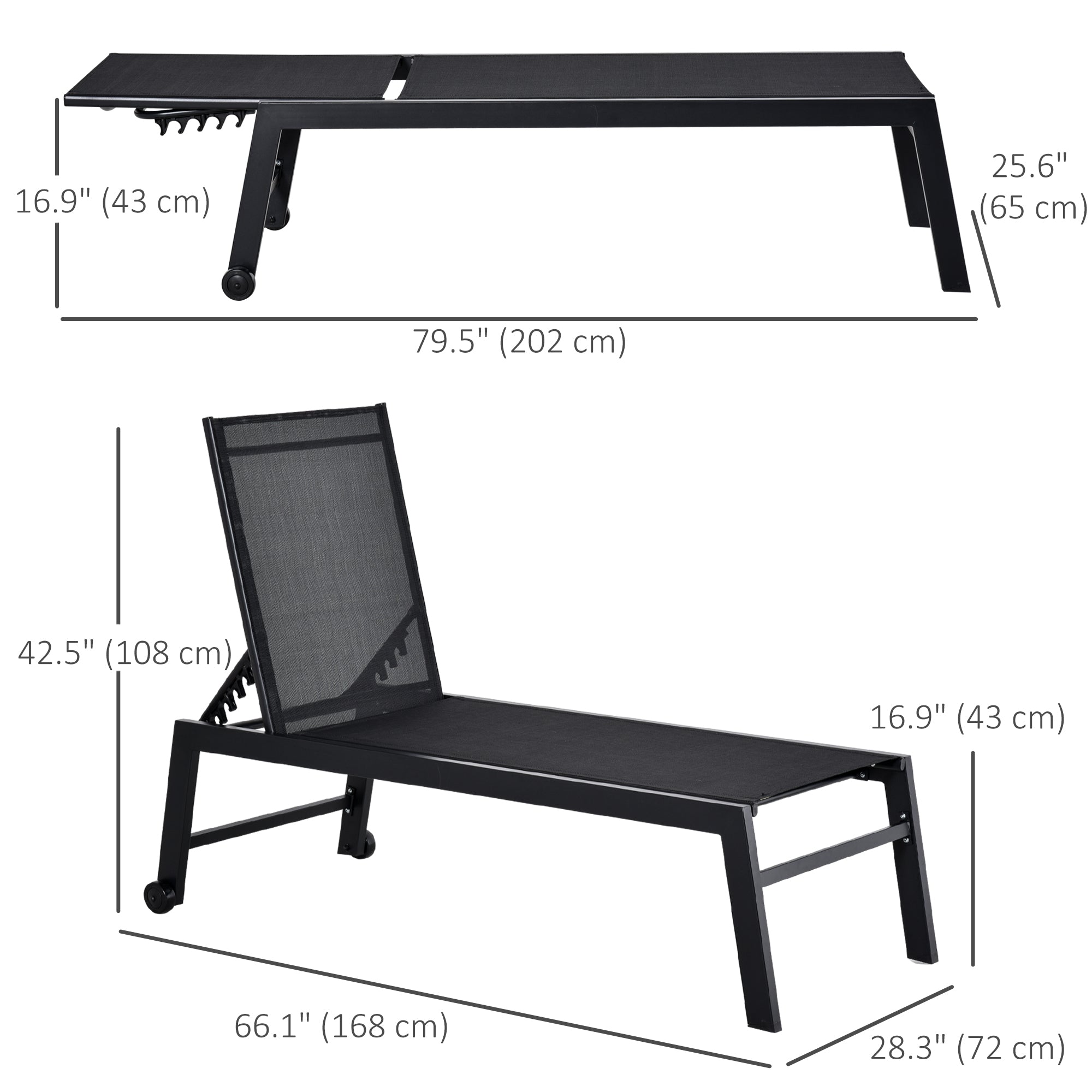 Outsunny Patio Lounge Chair Outdoor Recliner with 5-Position Backrest 2 Wheels for Poolside Beach Lawn Black 