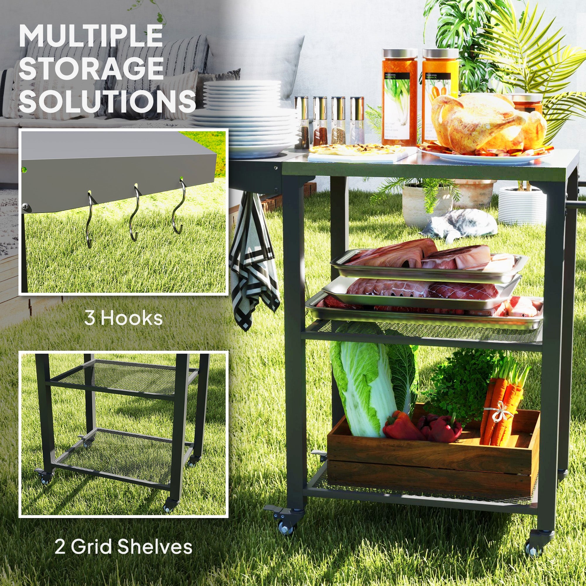 Outsunny Outdoor Grill Cart w/ Foldable Side Table, 3-Tier Pizza Oven Stand w/ Stainless Steel Tabletop, Hooks, Wheels 
