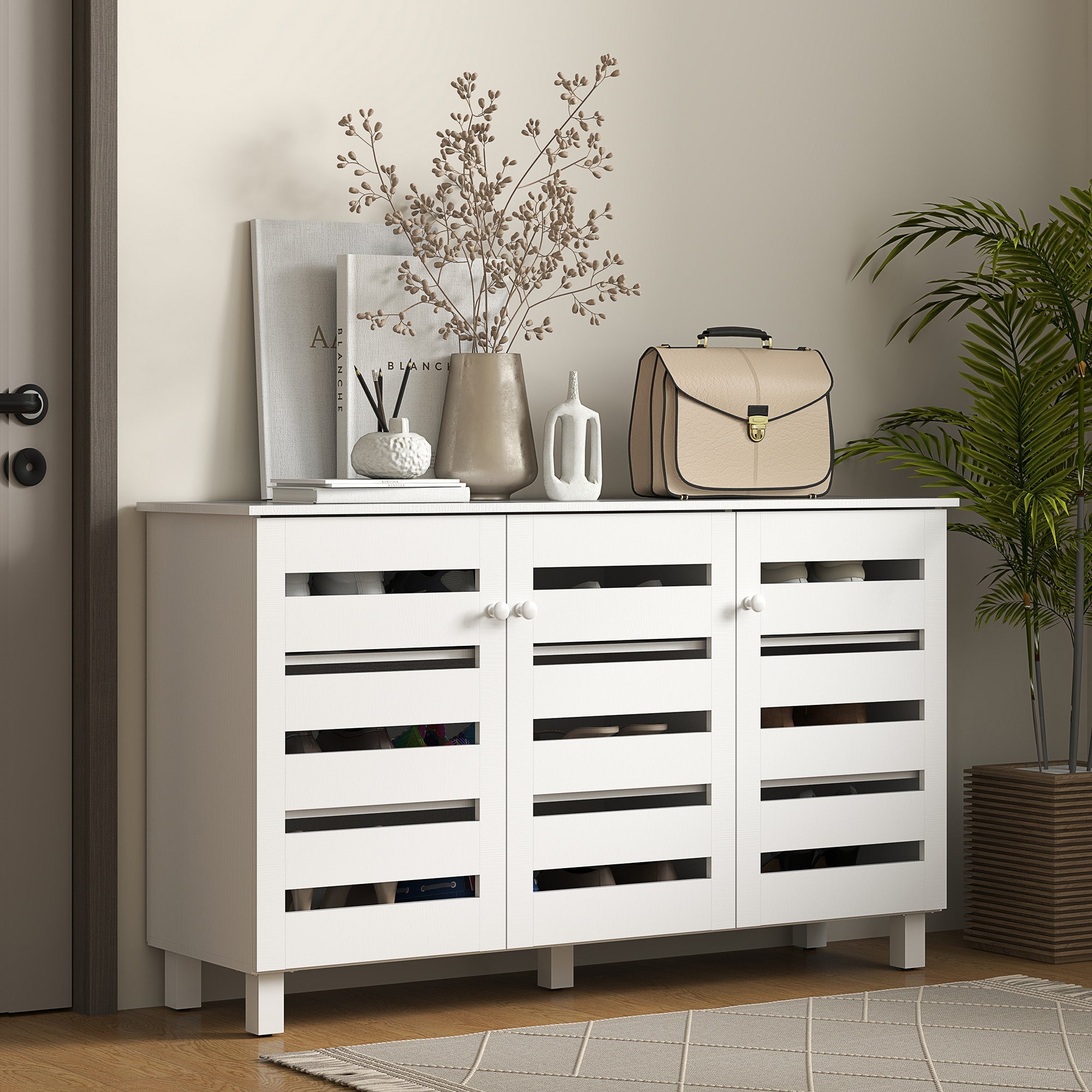 HOMCOM Shoe Cabinet with 3 Slatted Doors, 3-tier Shelving Rack Cabinet with Adjustable Shelves for 15 Pairs of Shoes, White 