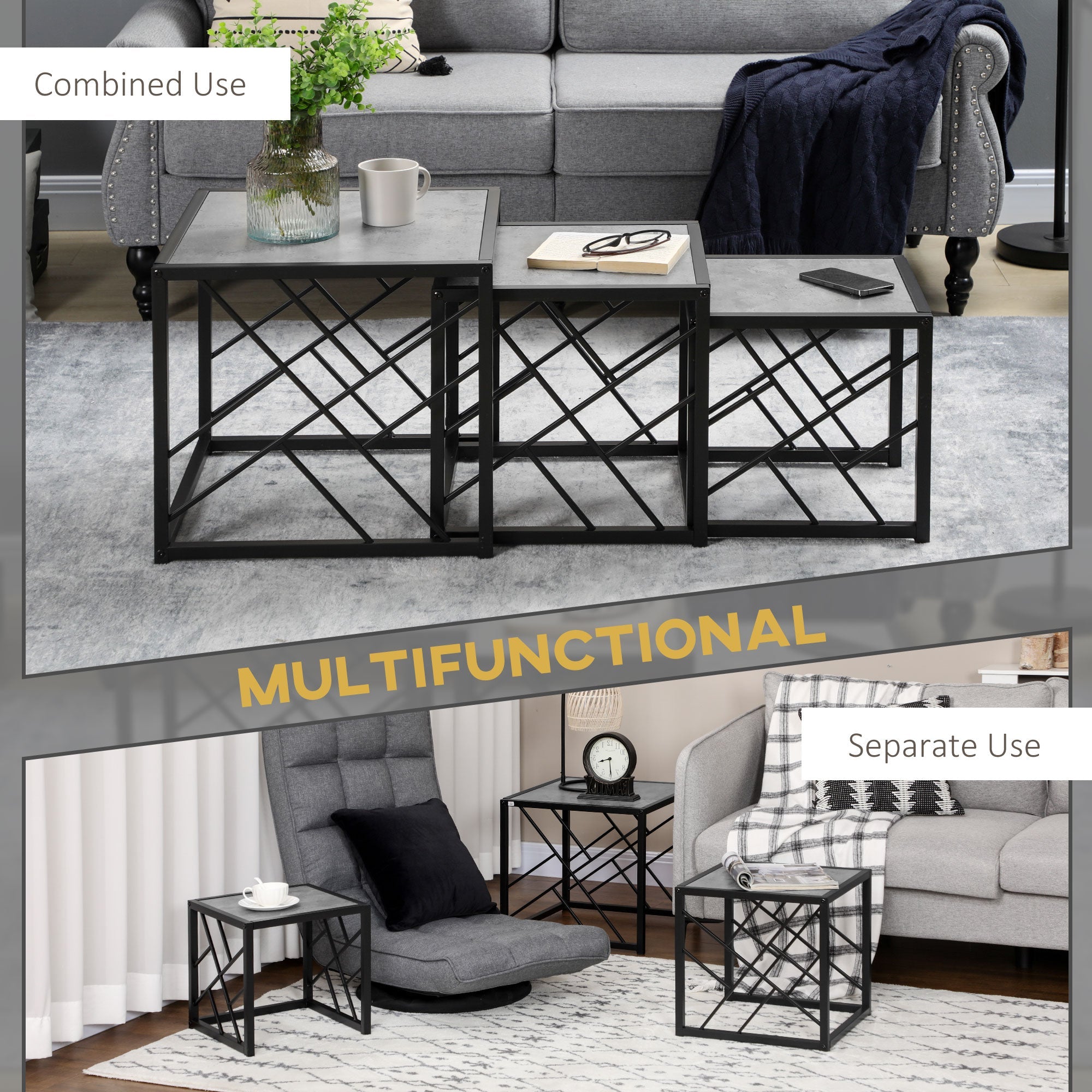HOMCOM Nest of Tables 3 Piece Square Coffee Table Set Metal Frame for Living Room Bedroom Grey 