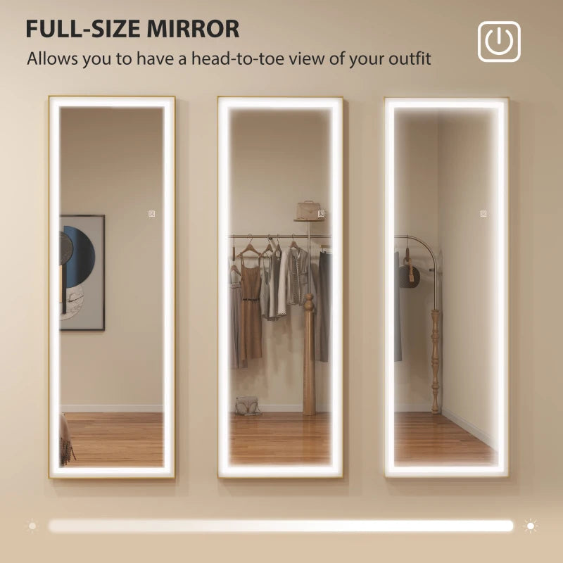 LED Mirror with Dimmable and 3 Colour Lights, 64" x 21" Rectangular Floor Mirror for Bedroom Living Room, Gold