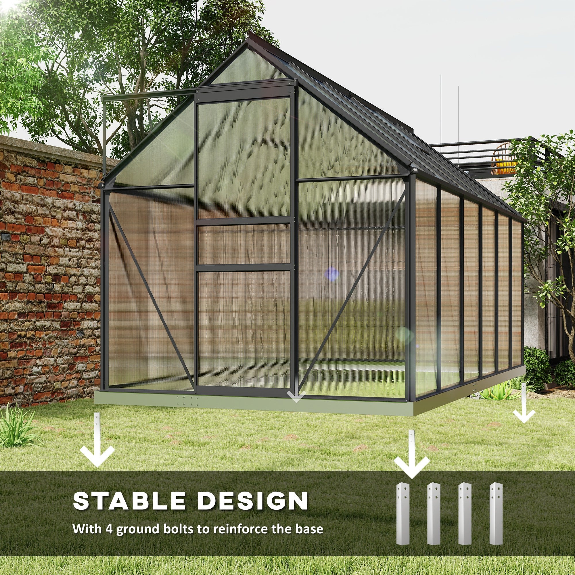 Outsunny 6' x 12' x 6.5' Polycarbonate Greenhouse, Walk-in Green House with Adjustable Roof Vent Galvanized Base Sliding Door Rain Gutter for Outdoor Garden Backyard, Charcoal Grey 