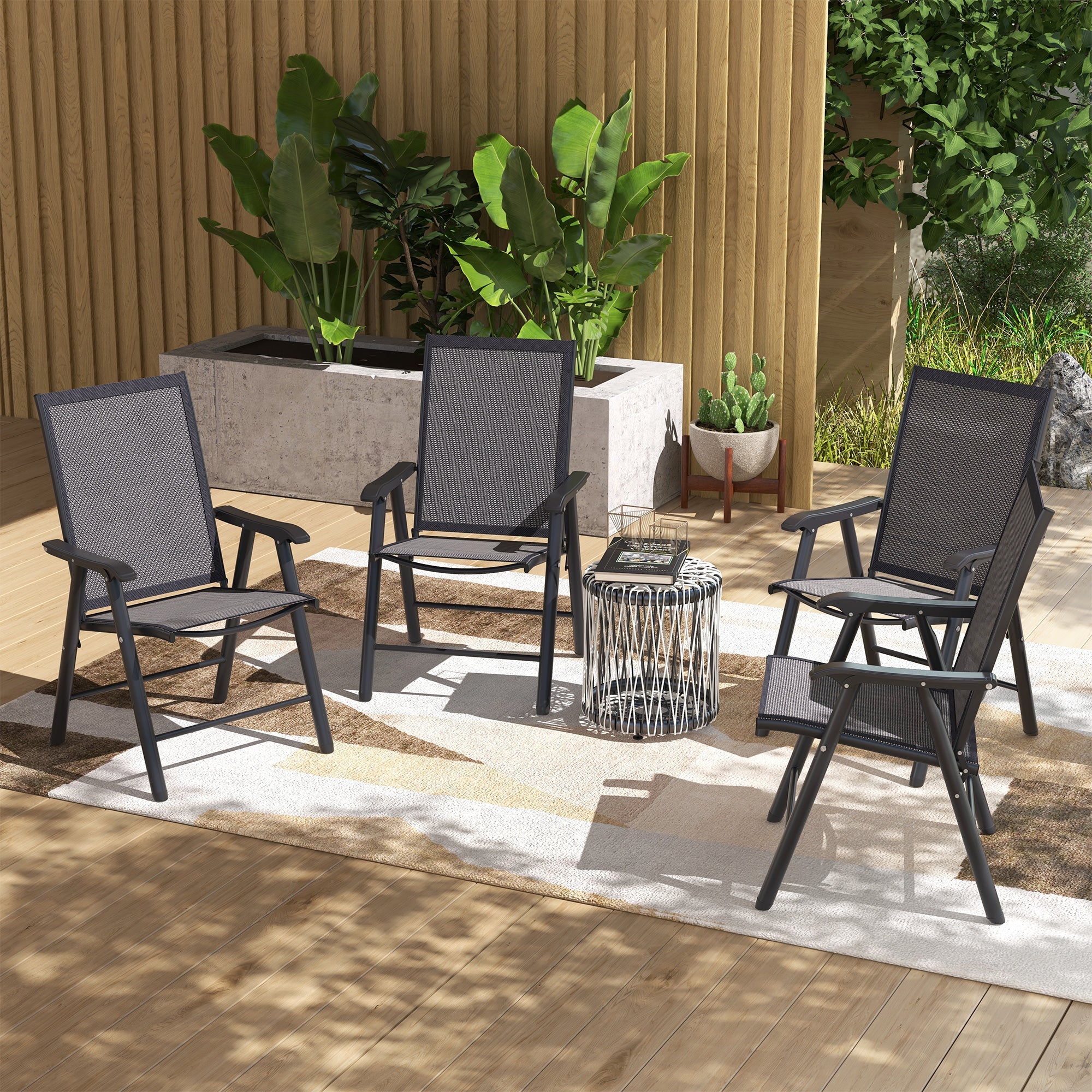 Outsunny 4-Piece Folding Chair Set for Relaxing on Patio Balcony Garden, Comfortable Outdoor Furniture with Armrests, Dark Grey 
