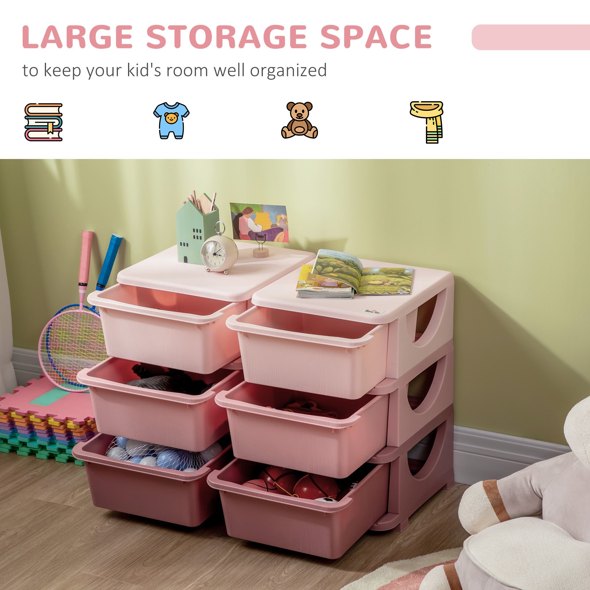 Qaba 3 Tier Kids Toy Organizer and Storage Bins with 6 Plastic Drawers, Pink 