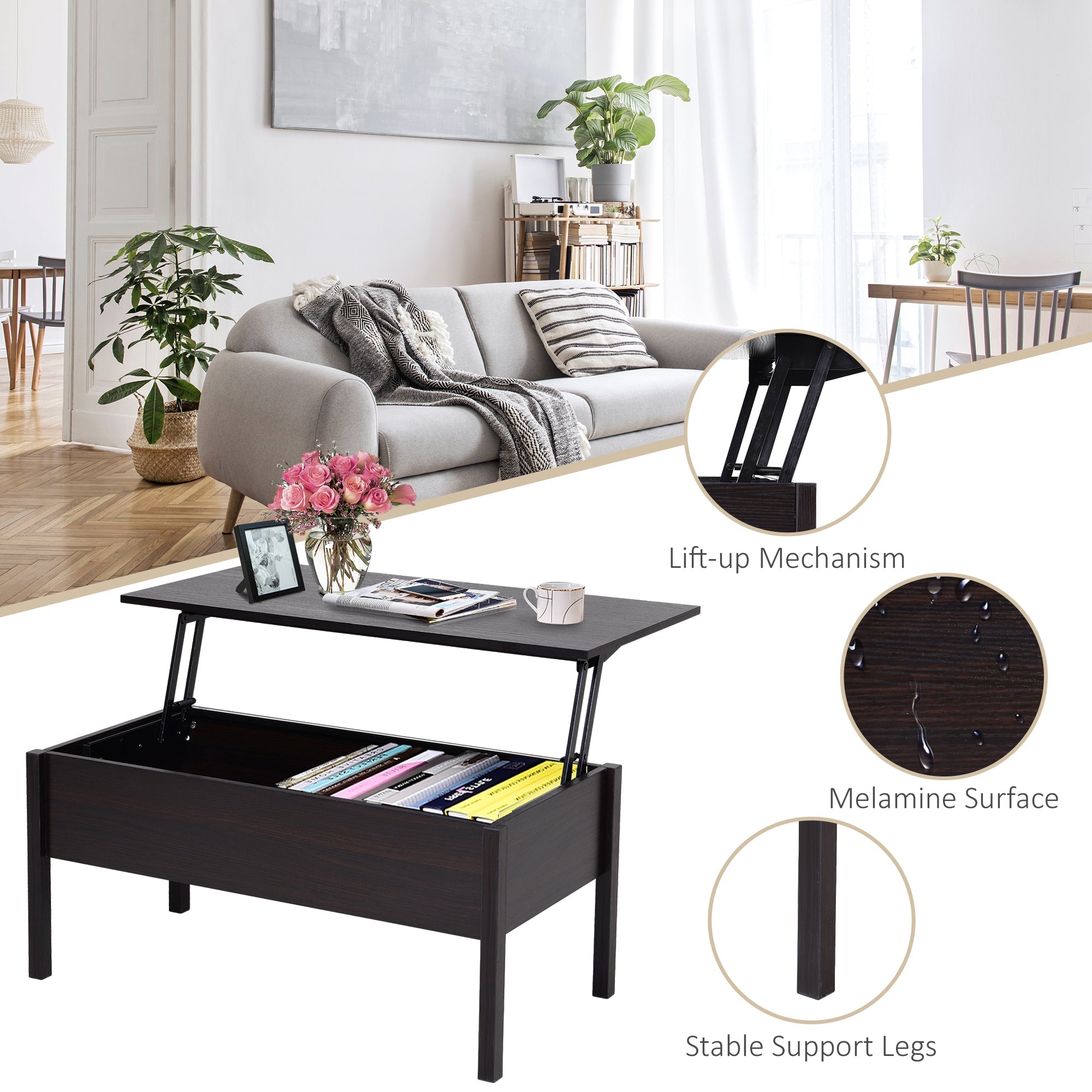 HOMCOM Coffee 39" Modern Lift Top Coffee Table: Center Table with Hidden Storage Compartment for Living Room 