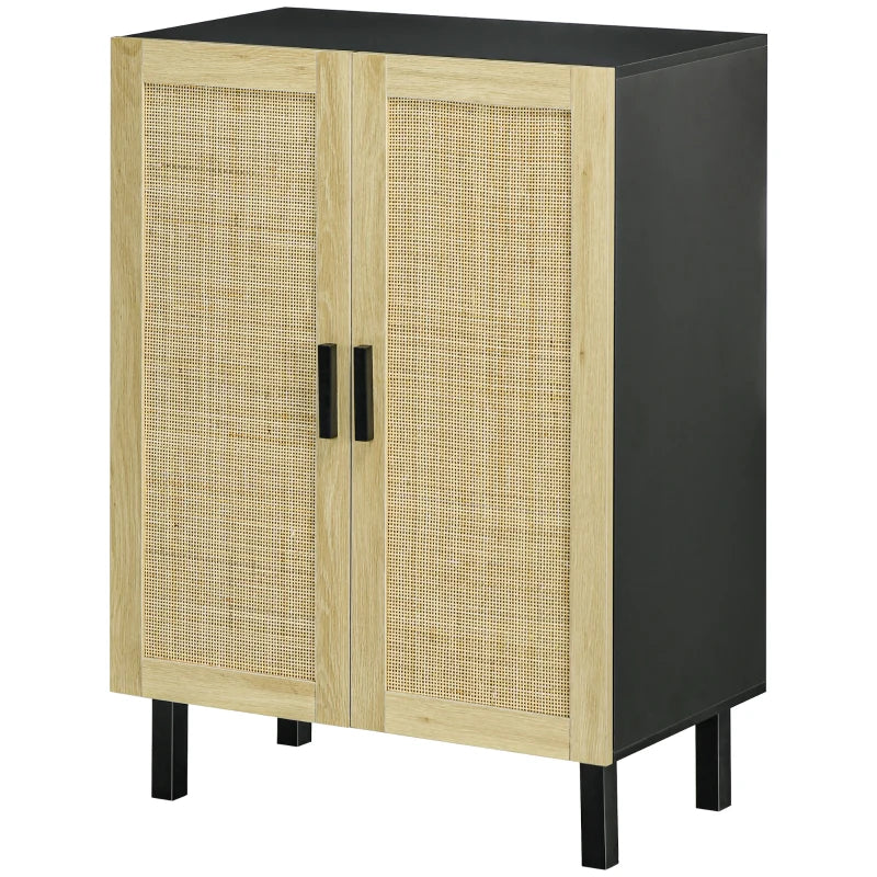 Boho Sideboard, Buffet Cabinet with Storage, Accent Cabinet with 2 Rattan Doors and Adjustable Shelves, Black
