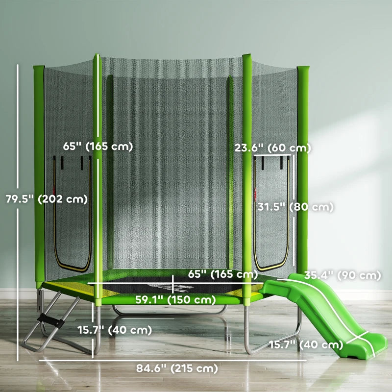 Qaba 85" Trampoline for Kids with Safety Enclosure, Toddler Trampoline with Slide Ladder for Ages 3+, Green