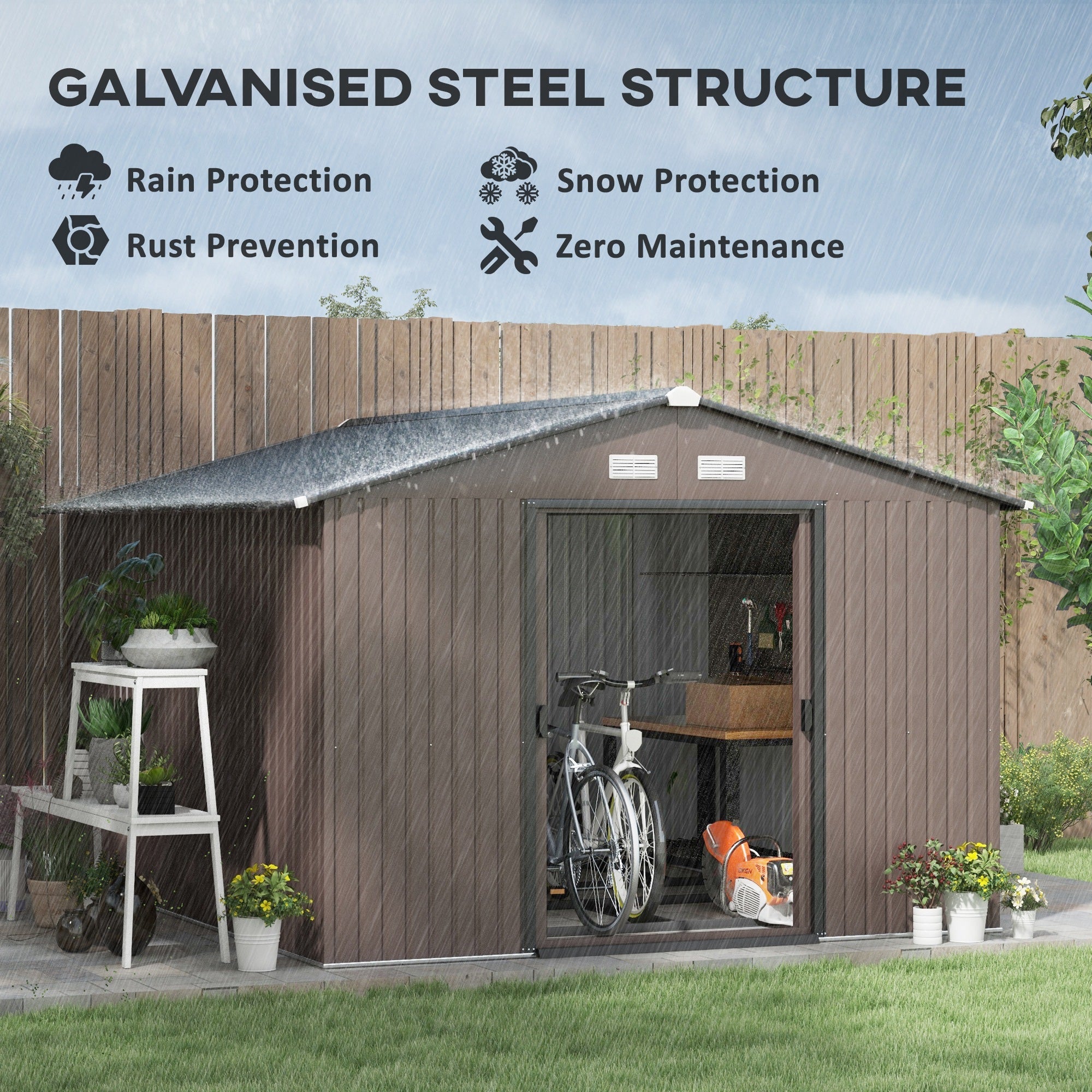 Outsunny 9' x 10.6' Garden Storage Shed w/ Foundation Kit Metal Tool Storage House w/ Double Doors Brown 