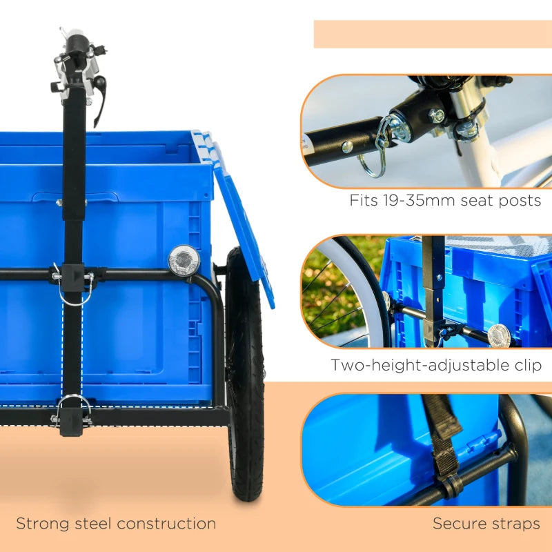 Aosom Steel Trailer for Bike, Bicycle Cargo Trailer with Foldable Storage Box and Safe Reflectors, Max Load 88LBS, Blue