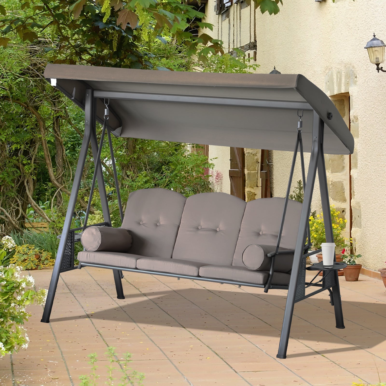 Outsunny 3-Person Porch Swing Chair Heavy Duty Outdoor Lounge Hammock with Cushioned Seat and Tilt Canopy Brown 