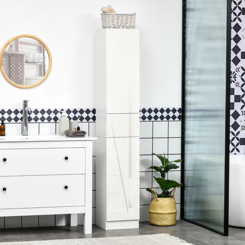 Tall Bathroom Cabinet, Narrow Bathroom Storage Cabinet with Doors, Drawer and Adjustable Shelves, High Gloss White
