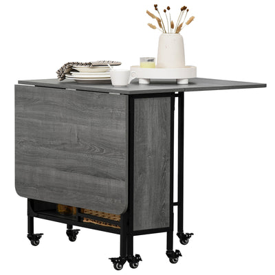 HOMCOM Folding Dining Versatility: Mobile Drop Leaf Extendable Kitchen Table for Small Spaces, Storage Shelf, 6 Wheels, Grey Finish 