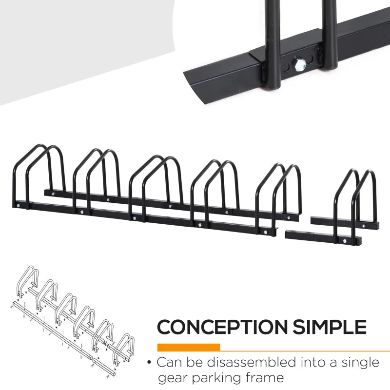 6-Bike Bicycle Floor Parking Rack Cycling Storage Stand Ground Mount Garage Organizer for Indoor and Outdoor Use Black