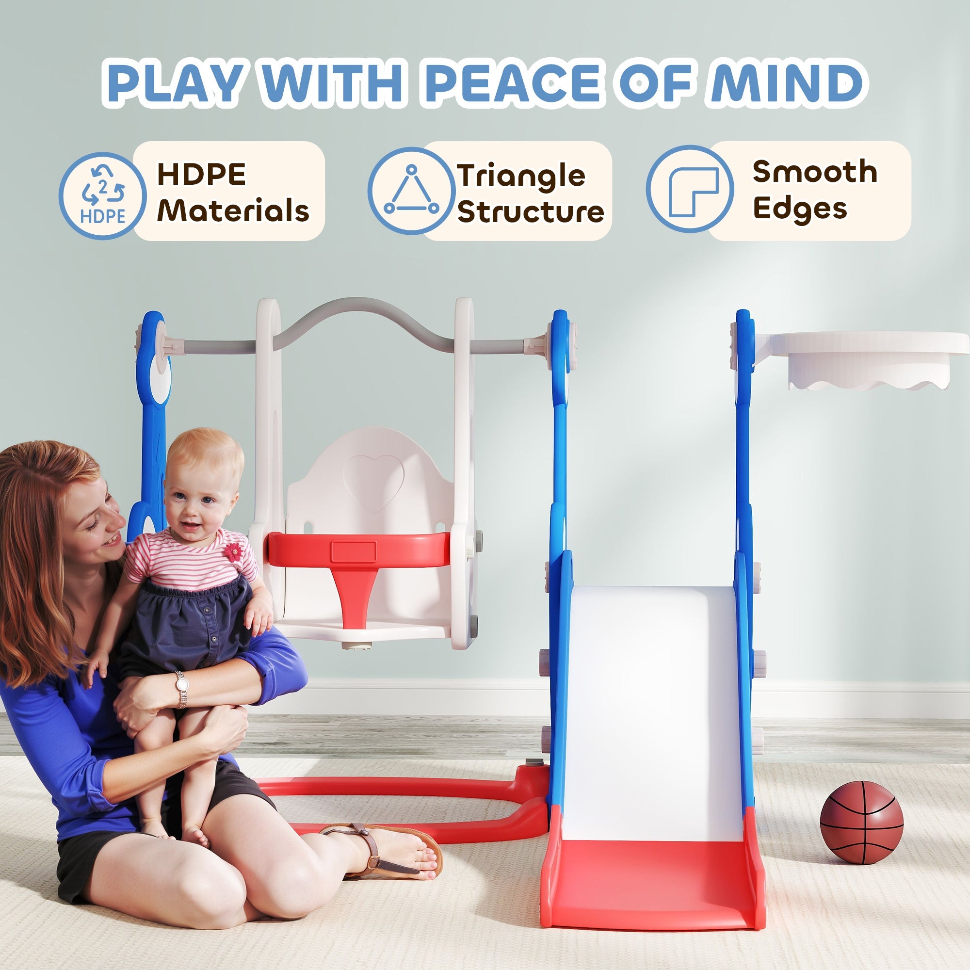 Qaba 4-in-1 Slide and Swing Set with Basketball Hoop, Climber, for Ages 1.5-4 Boys Girls Toddler, Rocket Themed, Dark Blue 