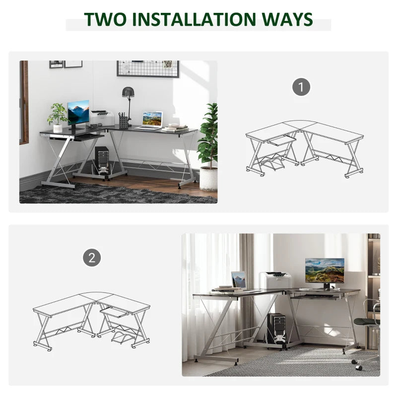 L-Shaped Computer Desk, Corner Table with Keyboard Tray for PC Laptop Desktop, Workstation Stand Home Office Furniture