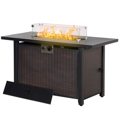 Outsunny 43" Outdoor Propane Gas Fire Pit Table, Wicker Patio Gas Firepit w/ Glass Wind Guard, 50,000 BTU CSA Certified Bronze 