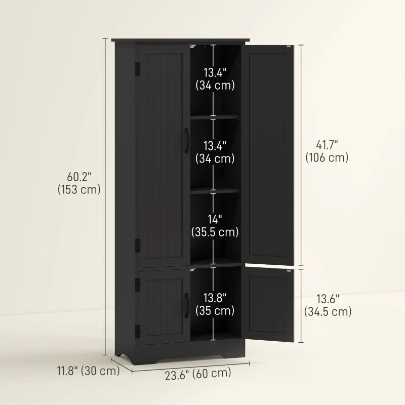 60" 4-Door Storage Cabinet Multi-Storey Large Space Pantry with Adjustable Shelves Black