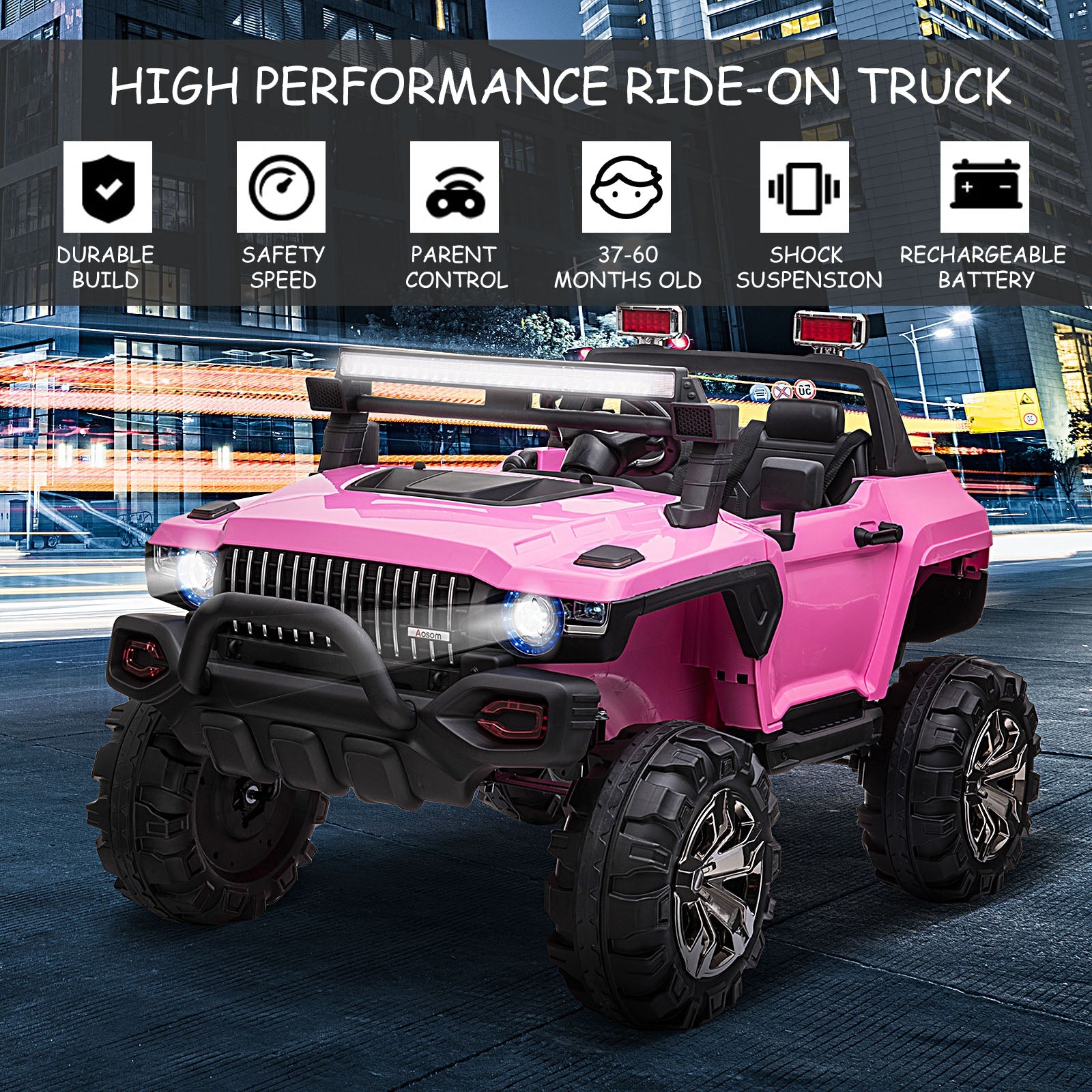 Aosom Kids 12V RC 2-Seater Police Truck Ride-On Car LED Lights MP3 Parental Remote Control Pink 