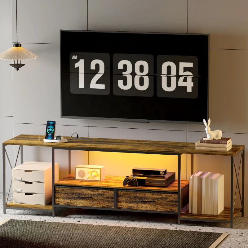 Industrial TV Stand for up to 60 Inch TV, TV Console with Charging Station and RGB LED Lights, Rustic Brown