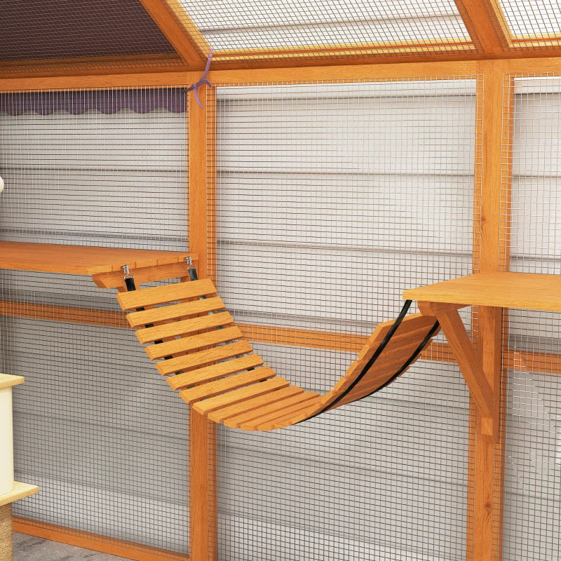 Outdoor Cat Enclosure Wooden Feral Cat House w/ Weatherproof Canopy, Bridges, Resting Boxes, Platforms, for 3-6 Cats
