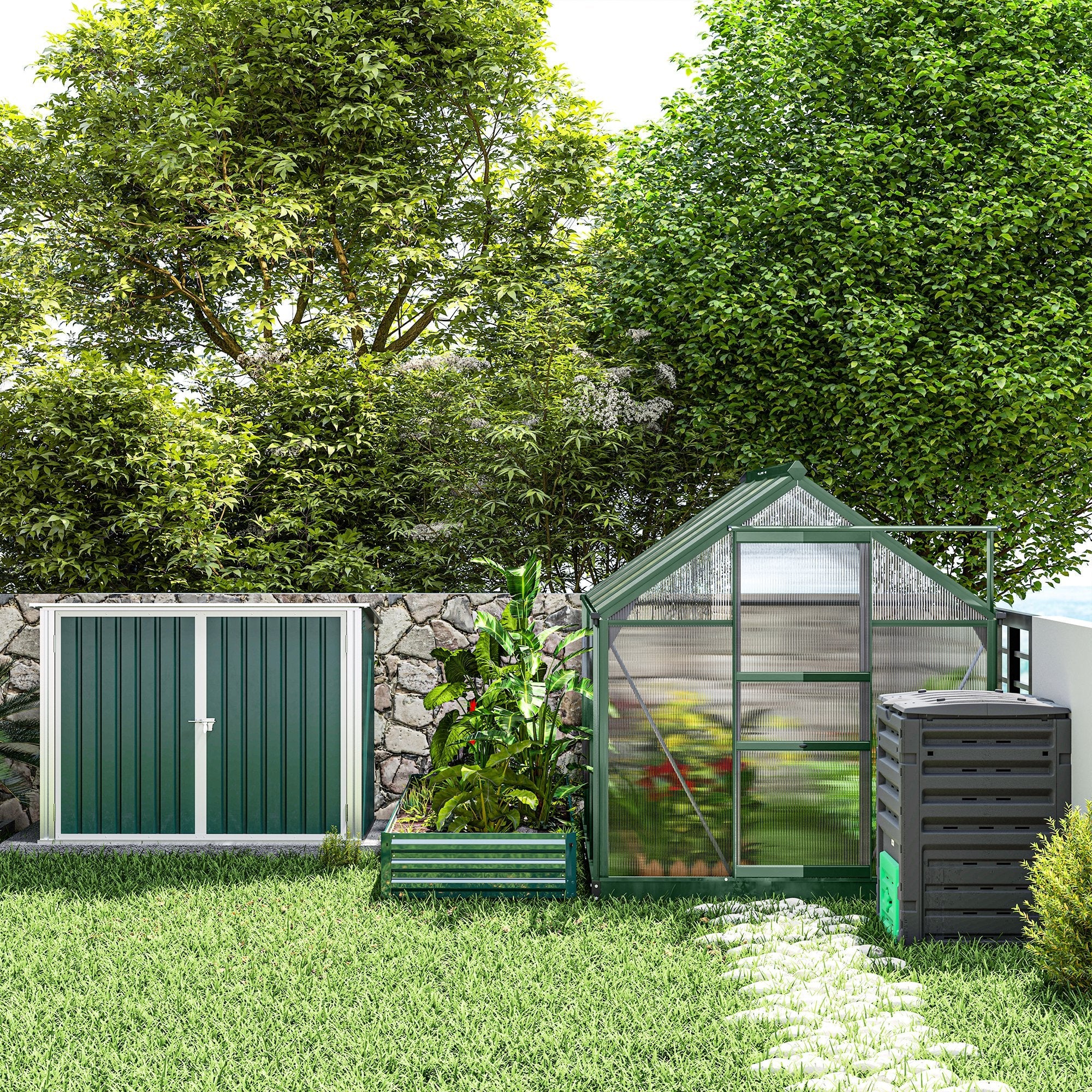 Outsunny Garbage Shed, Steel Outdoor Trash Can Cabinet with Lockable Double Doors & Ventilation for 2 Trash Bins, Green 