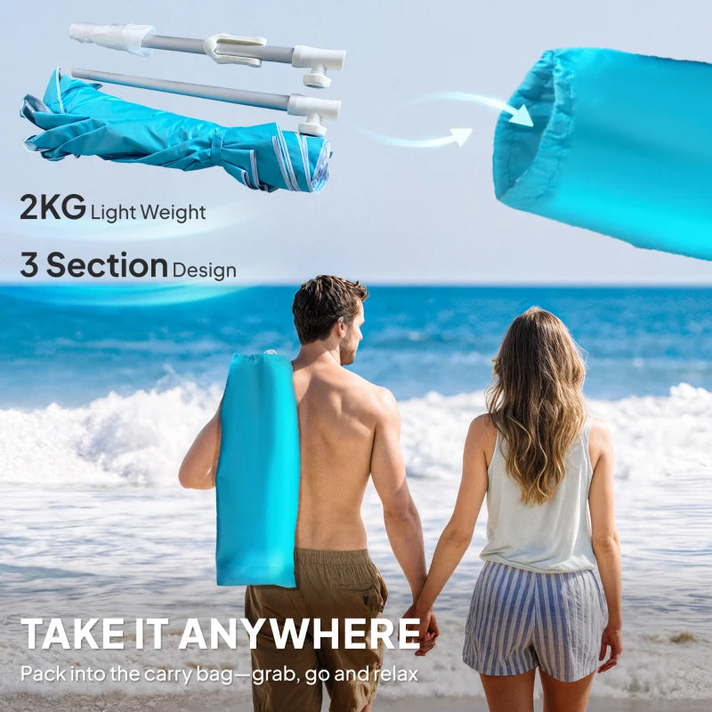 6 ft Beach Umbrella Portable with Sand Anchor, Carry Bag, Adjustable Height & Tilt, UPF50+ UV Protection, Blue