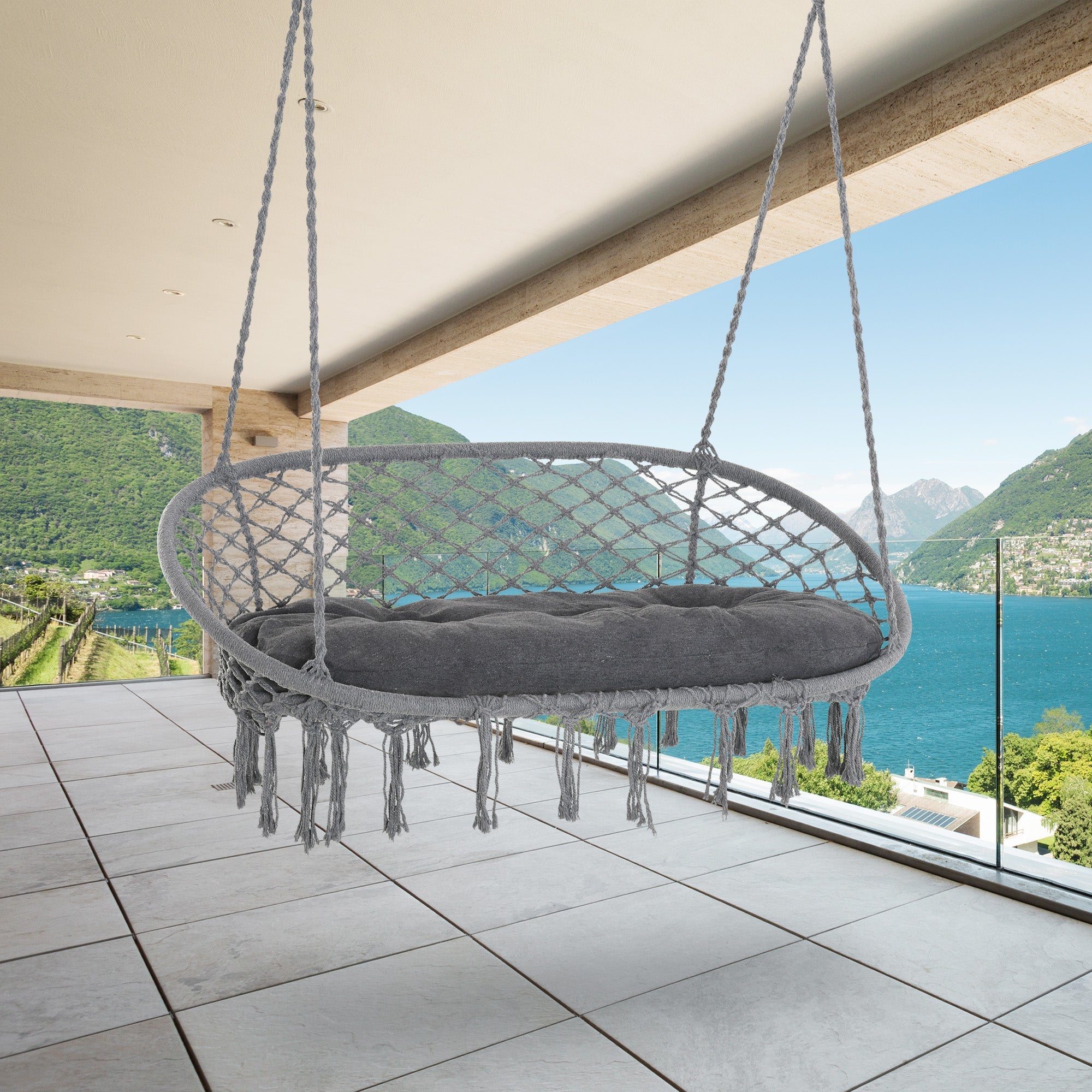 Outsunny Hammock Chair Hanging Rope Swing Metal Frame Cushion Large Macrame Seat Indoor Outdoor Dark Grey 