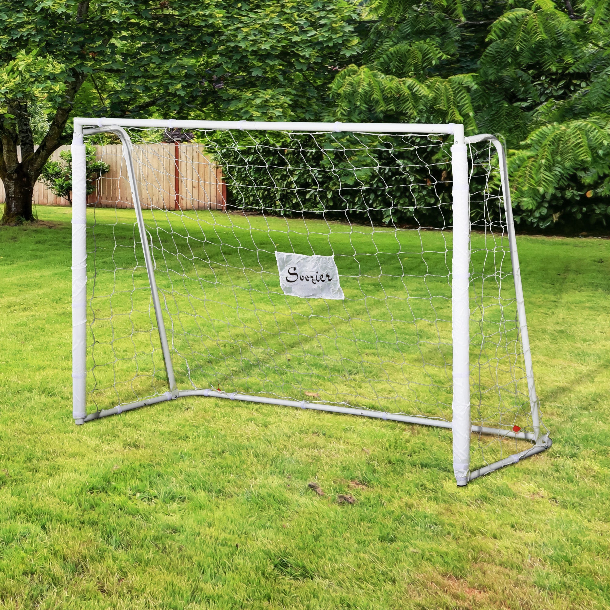 Soozier 6ft x 4ft Soccer Goal Net with Metal Frame, PE Mesh, Ground Stakes, Easy Assembly, White 