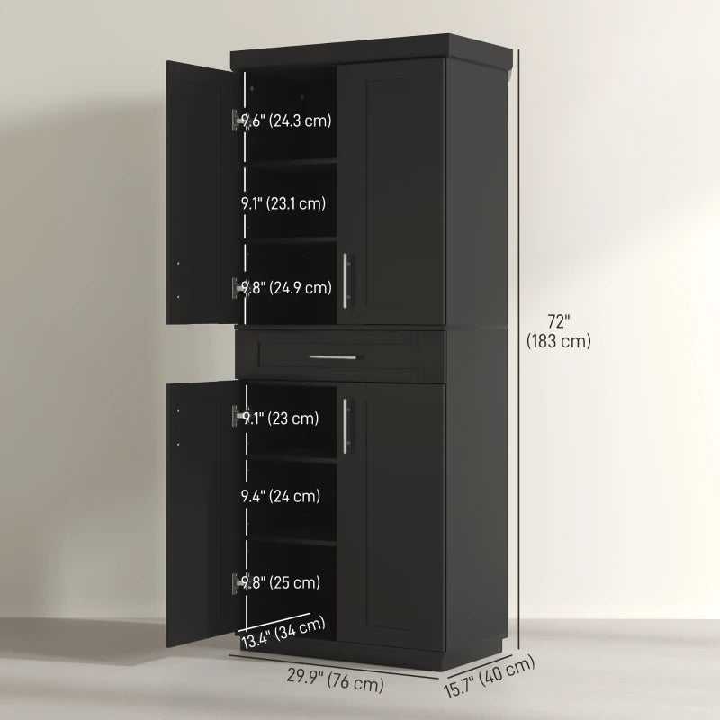 72" Storage Cabinet, Freestanding Kitchen Pantry Cabinet with 4 Doors, Drawer and 3 Adjustable Shelves, Black