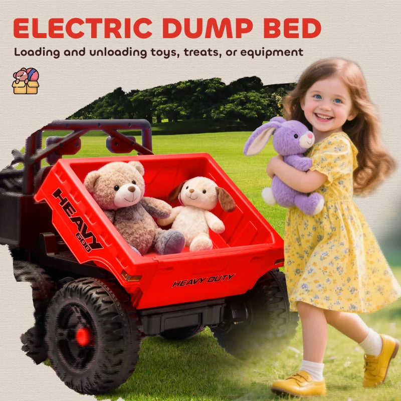 Qaba 24V 4WD Kids Ride On Truck with 6 Wheels Electric Ride On Car with Remote, Dump Bed for 3-8 Years, Red
