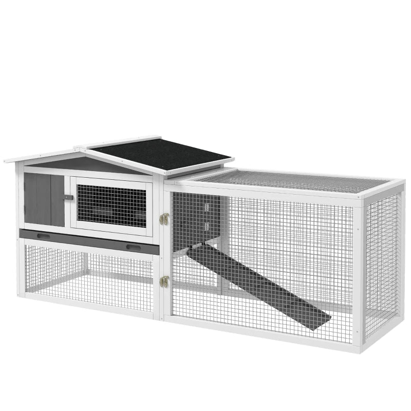 Wooden Rabbit Hutch Guinea Pig House with Removable Tray, Openable Roof, Trough, Run for Tortoises and Ferrets, Grey