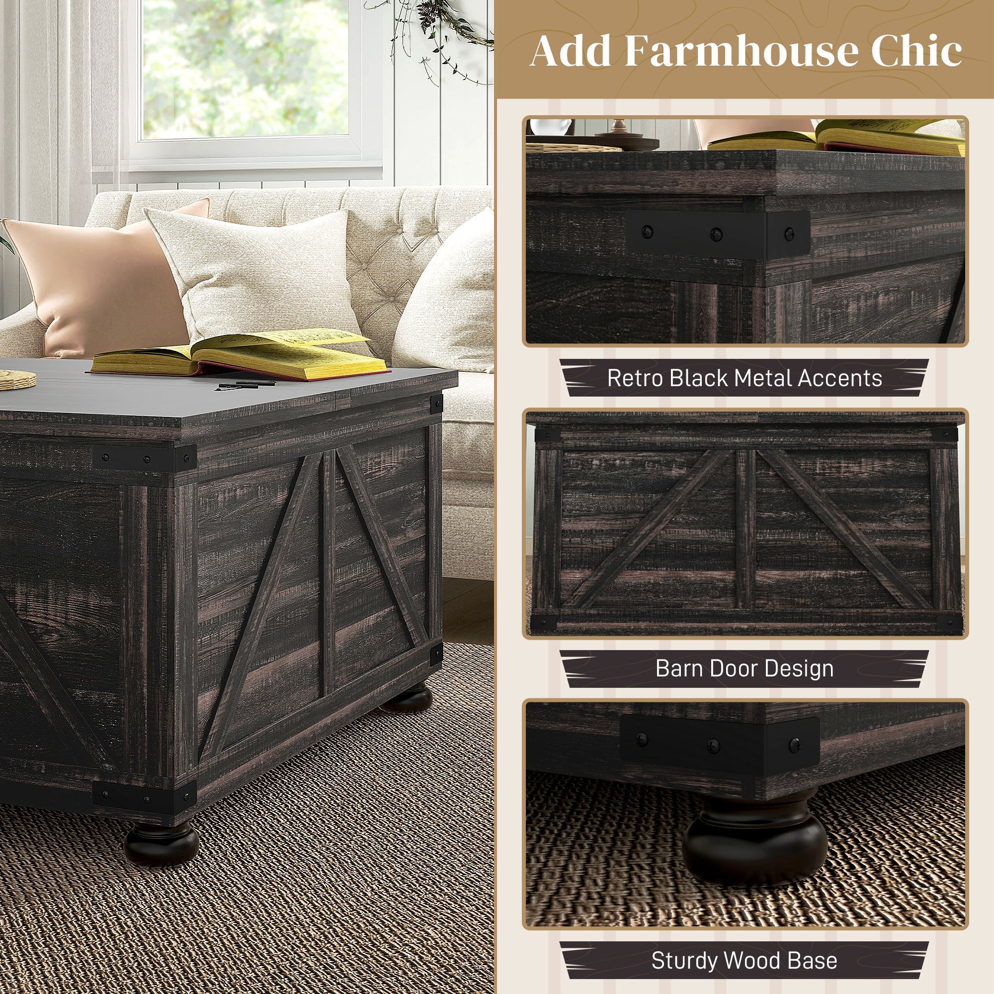 HOMCOM Farmhouse Coffee Table, Square Center Table with Flip-top Lids, Hidden Storage Compartment and Wooden Legs, Distressed Brown 