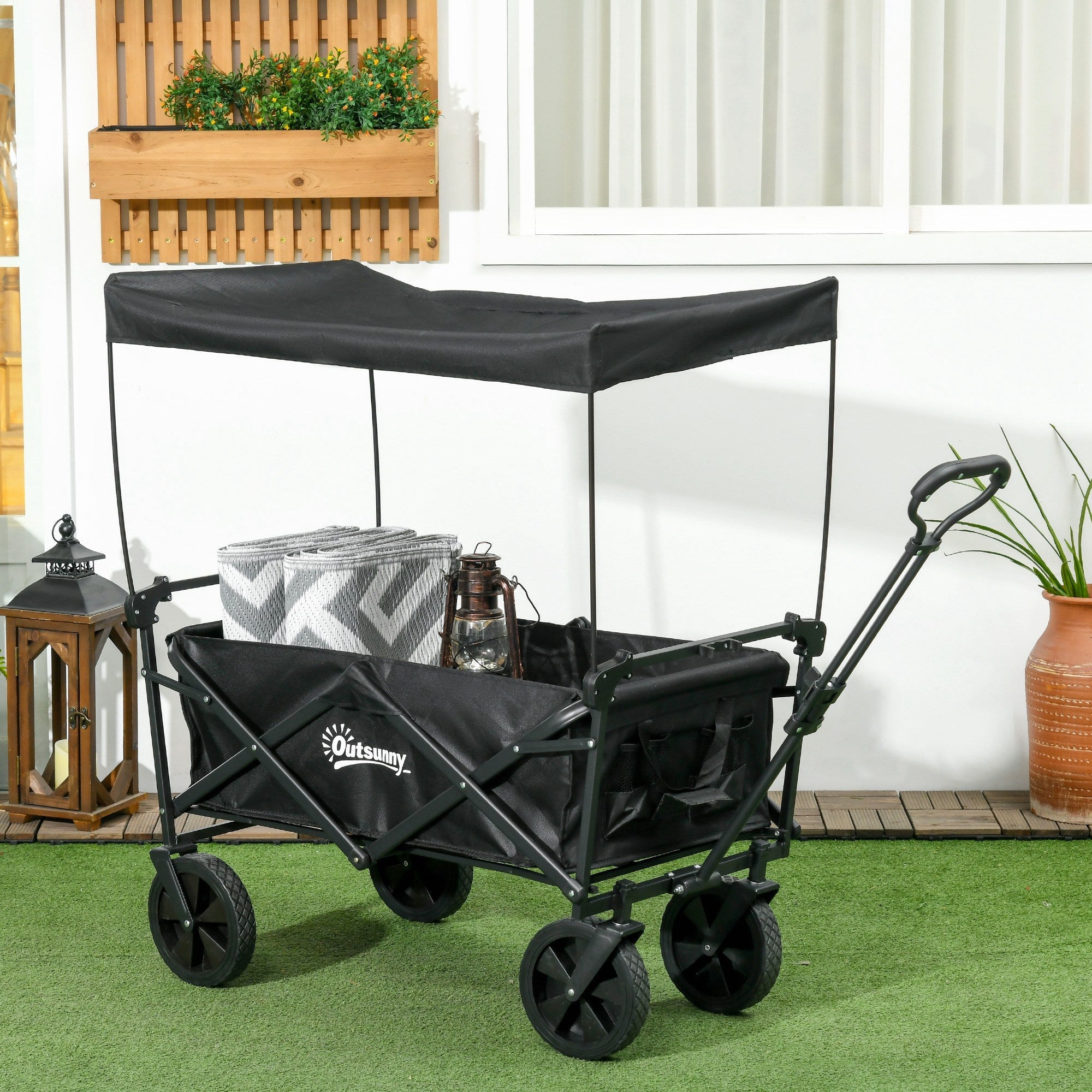 Outsunny Steel Frame Folding Garden Cart, Collapsible Wagon Cart with Removable Canopy, Telescopic Handle and Carrying Bag 