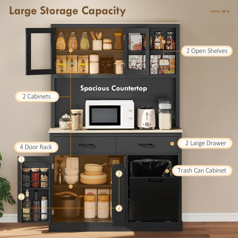 69" Kitchen Pantry Cabinet with Charging Station Kitchen Cabinet with Microwave Stand 7 Gallon Trash Can Cabinet Black