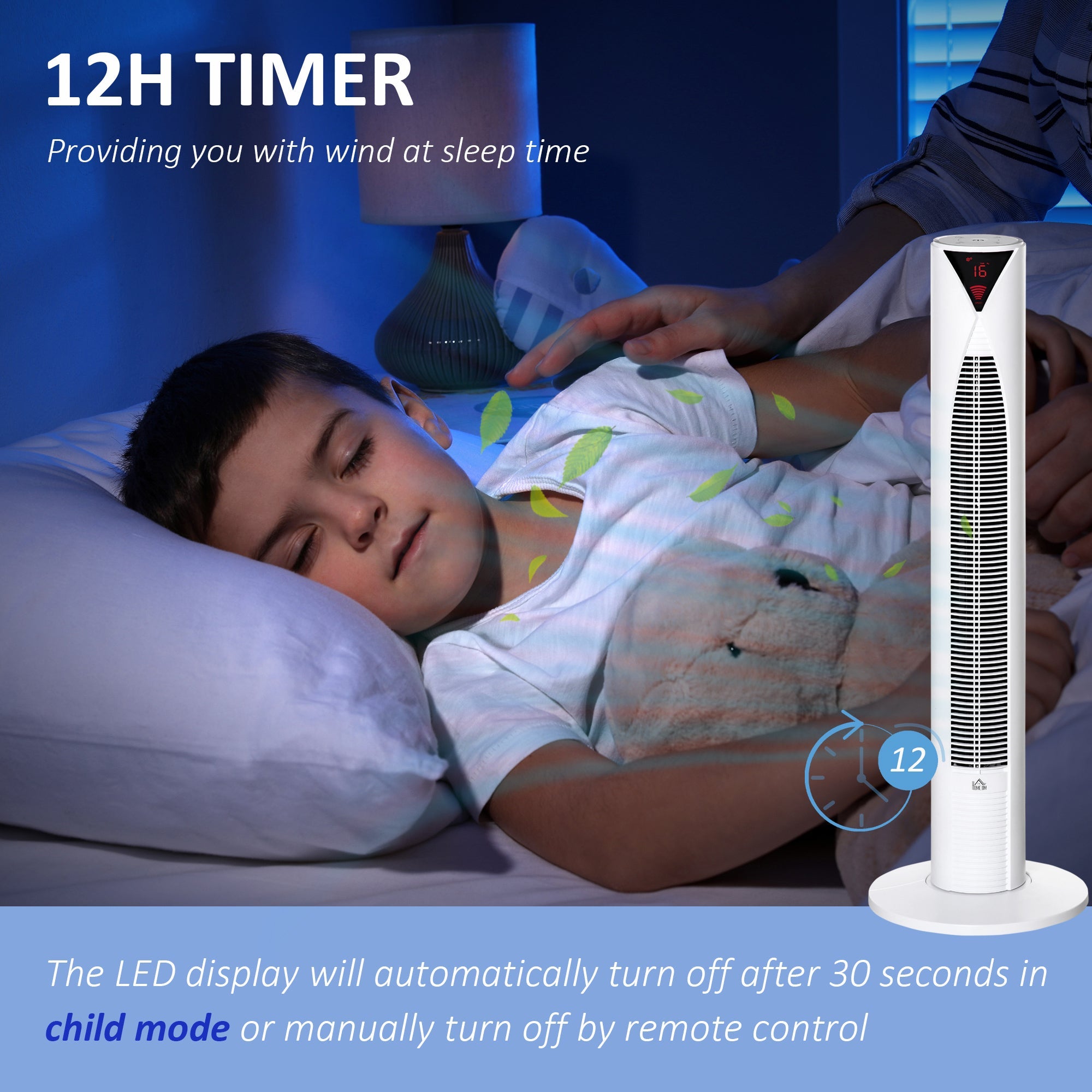HOMCOM Tower Fan Oscillating 3 Speed 12h Timer LED Remote Control Cooling for Bedroom Home White 
